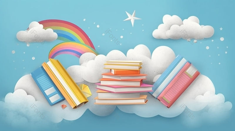 儿童节充满童趣可爱风蓝天白云彩虹中的文具书籍插画,插画/手绘图,插画/手绘图库,插画/手绘图下载,插画/手绘